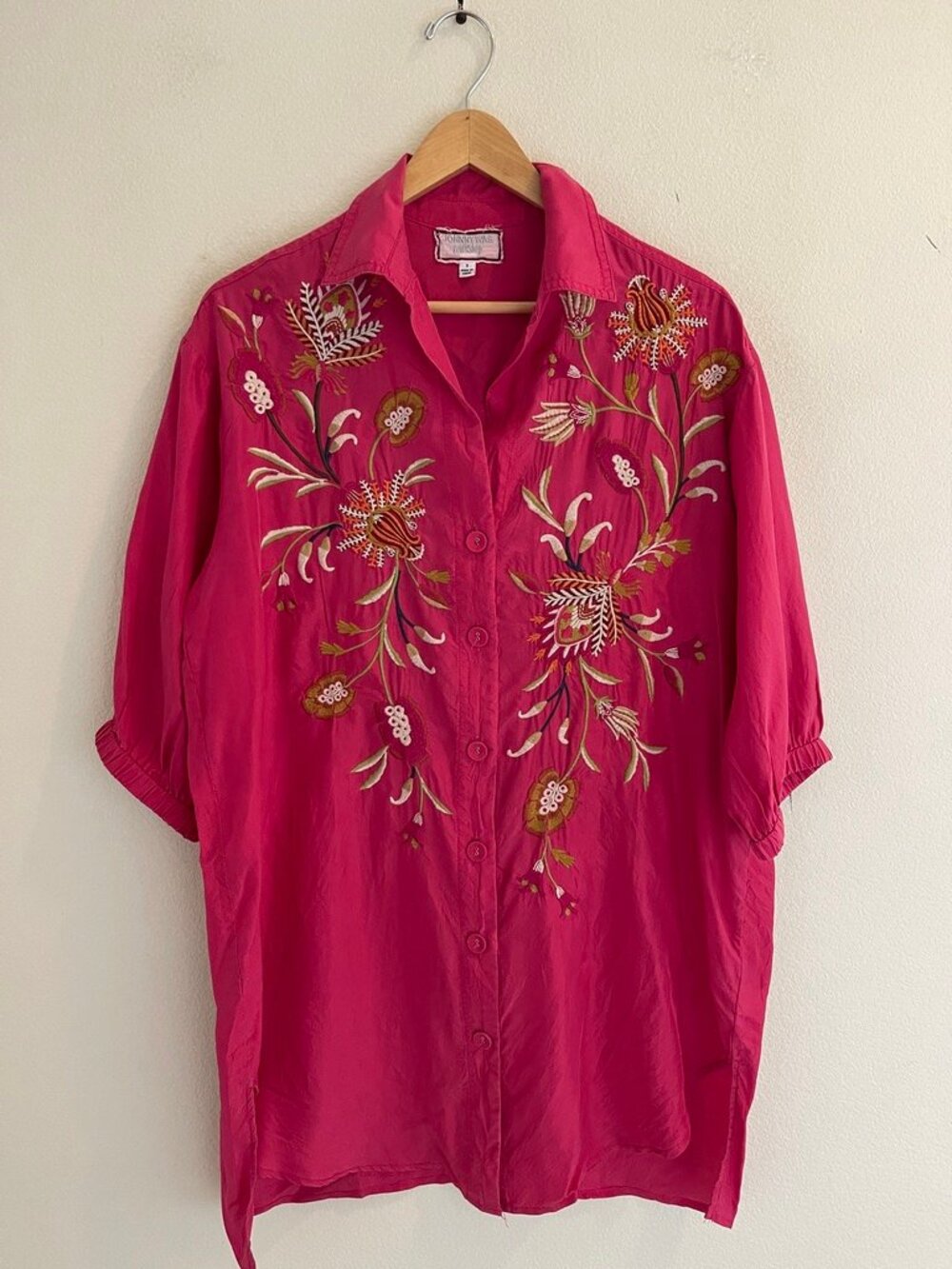 JOHNNY WAS WorkShop Hot Pink Silk Tunic/Dress with Floral Embroidery: Size Small